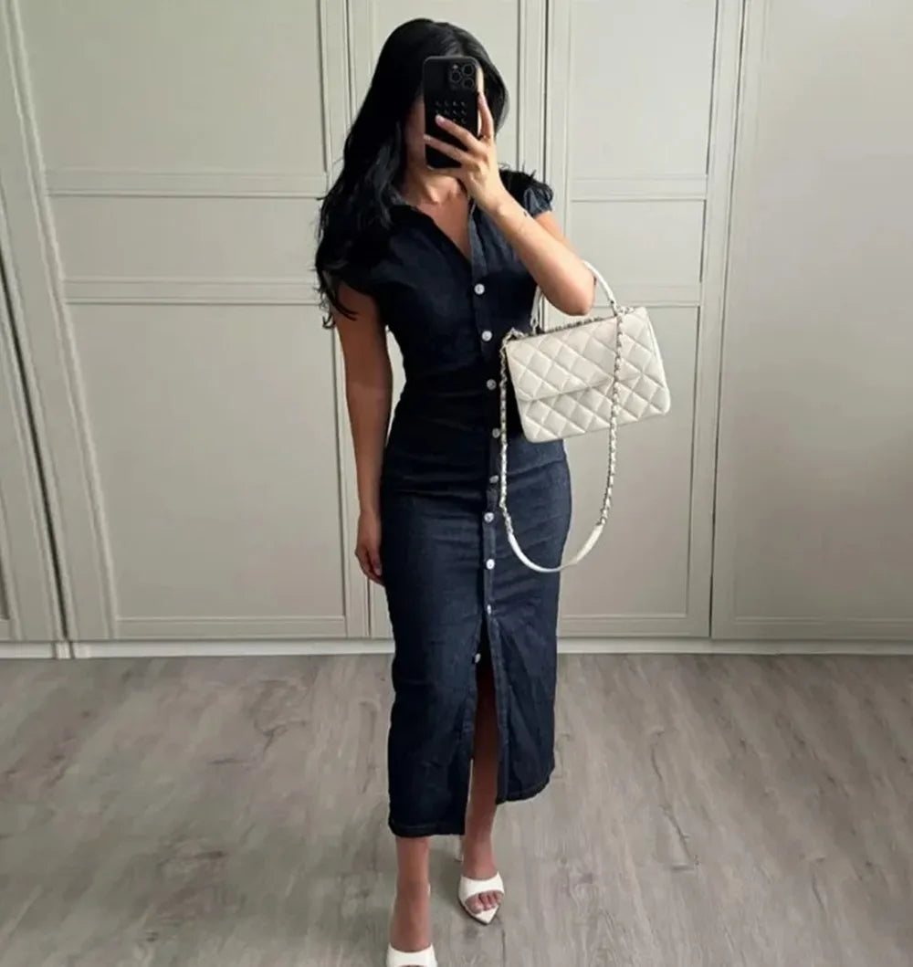 Summer Denim Slim Long Dress Women Chic V Neck Single Breasted Short Sleeve Bodycon Dresses Ladies Elegant Dresses Outfits