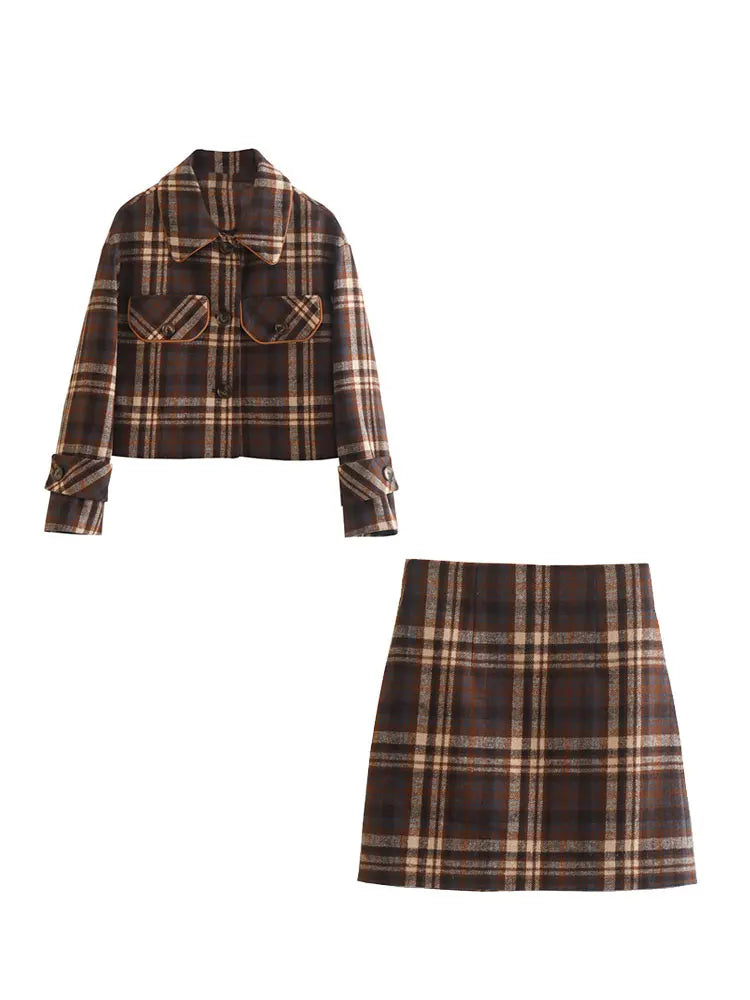 Women's Fashionable Lapel Pocket Decorated Short Jacket Suit Retro Plaid Silhouette Women's Thin Short Skirt Suit