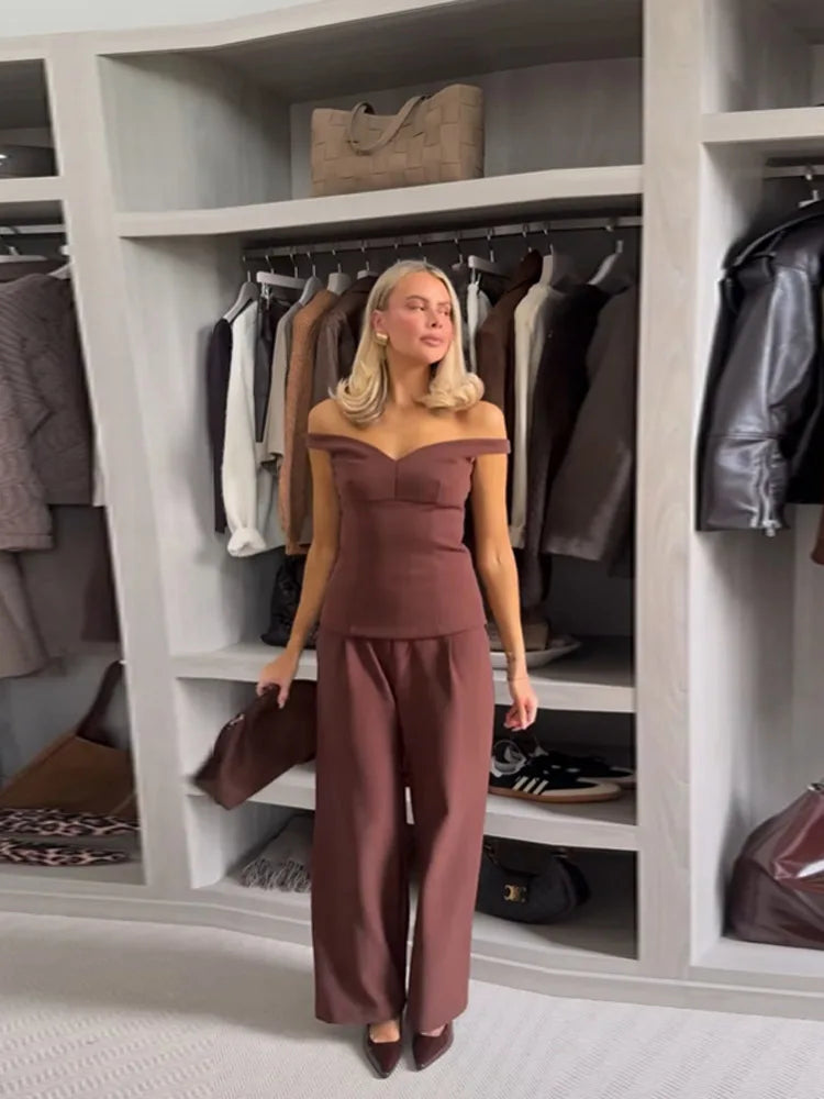 Women's Suit Solid Off Shoulder Backless Waist Cinching Sleeveless Top Straight Trousers Female 2 Pieces Summer Matching Sets