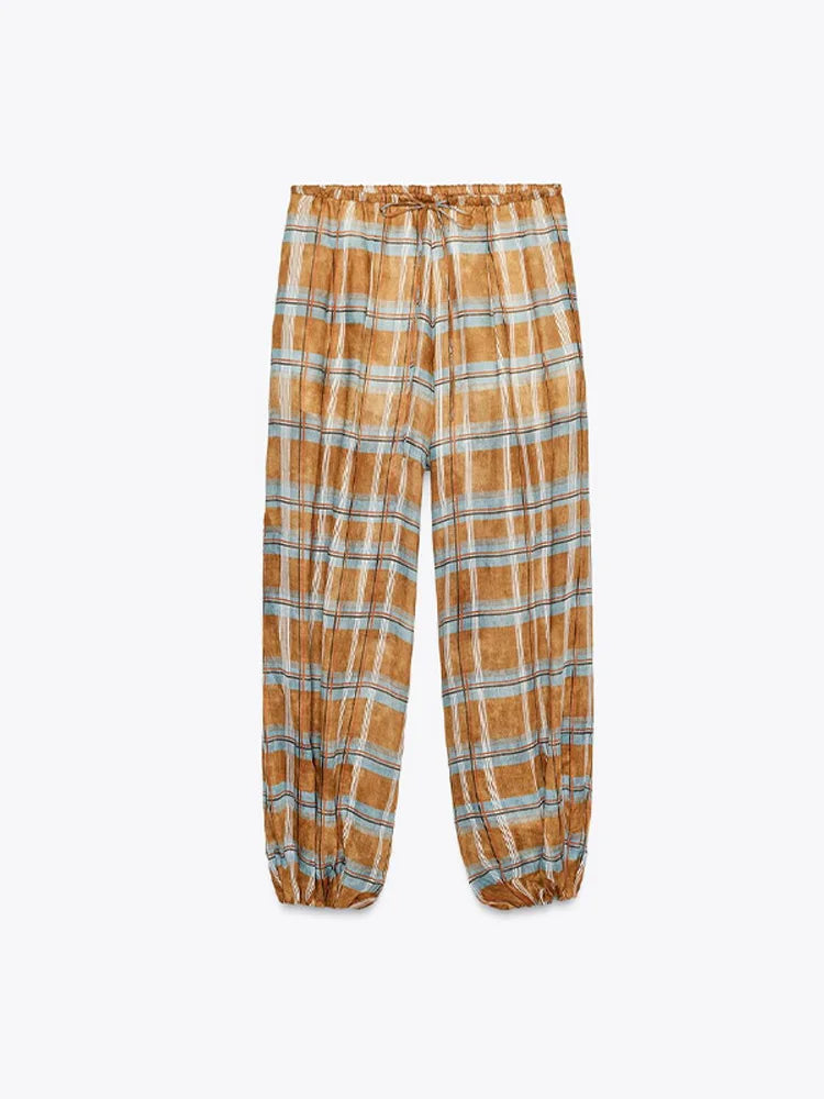 Retro Plaid Loose Jogger Pant Women Chic Casual Drawstring Long Pants Female 2025 Autumn Versatile Fashion Street Trousers