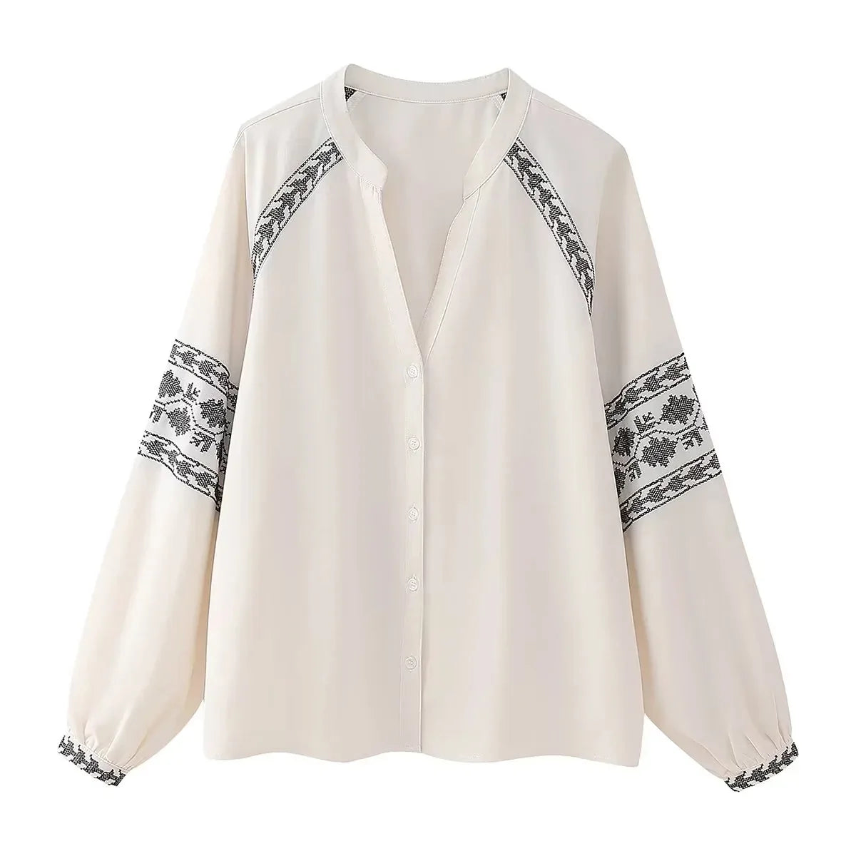 Women's Solid Embroidered Blouse 2024 Summer New V-neck Single Breasted Long Sleeve Blouses Female Elegant Casual Shirts Tops
