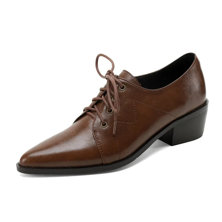 NEW Spring/Autumn Women Pumps Split Leather Shoes for Women Pointed Toe Chunky Heel Shoes Casual Black Lace-up Handmade Shoes