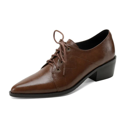 NEW Spring/Autumn Women Pumps Split Leather Shoes for Women Pointed Toe Chunky Heel Shoes Casual Black Lace-up Handmade Shoes