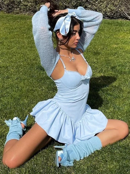 Strap Ballet Fishtail Dress Women Spring Summer New High Quality Bow Luxury Diamond Skirt+Hollow Cardigan Two-piece Set