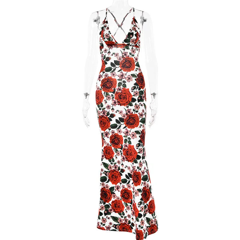 Floral Print Deep V Spaghetti Strap Bodycon Maxi Dress