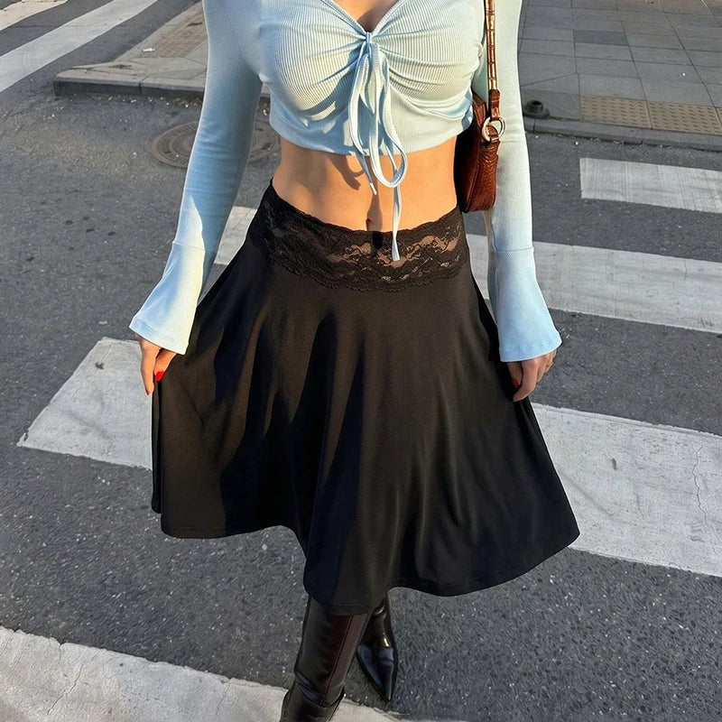 Lace Splicing Mid-Length Skirt Women High-Waisted Fluid Stylish Casual Commuter Skirt Spring Summer New Street Skirt
