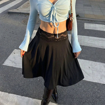 Lace Splicing Mid-Length Skirt Women High-Waisted Fluid Stylish Casual Commuter Skirt Spring Summer New Street Skirt