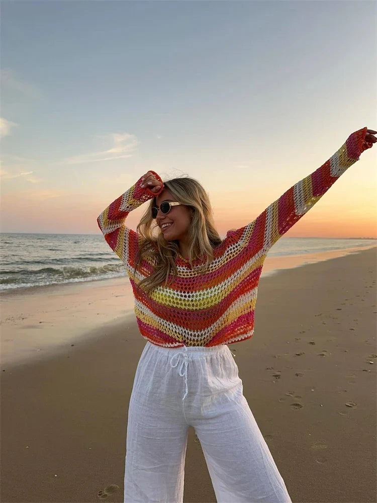 New Summer Women's Casual Versatile Knitted Colored Stripe Long sleeved Round Neck Loose Knitted Top