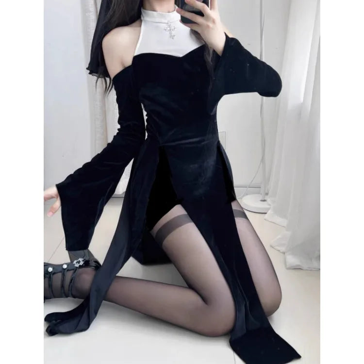 Y2k Gothic Black White Patchwork Dresses Subcultural Slim Waist Dark Dress for Women+ High Waist Shorts Two Piece Sets