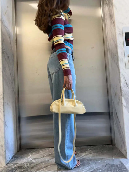 Knitted Contrast Color Striped Cardigans Women Single Breasted Thin Slim Long Sleeve Lapel Female Sweater 2025 Autumn Basic Top