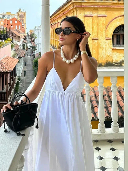 Deep V-Neck Spaghetti Strap Empire Waist Flowy Maxi Dress