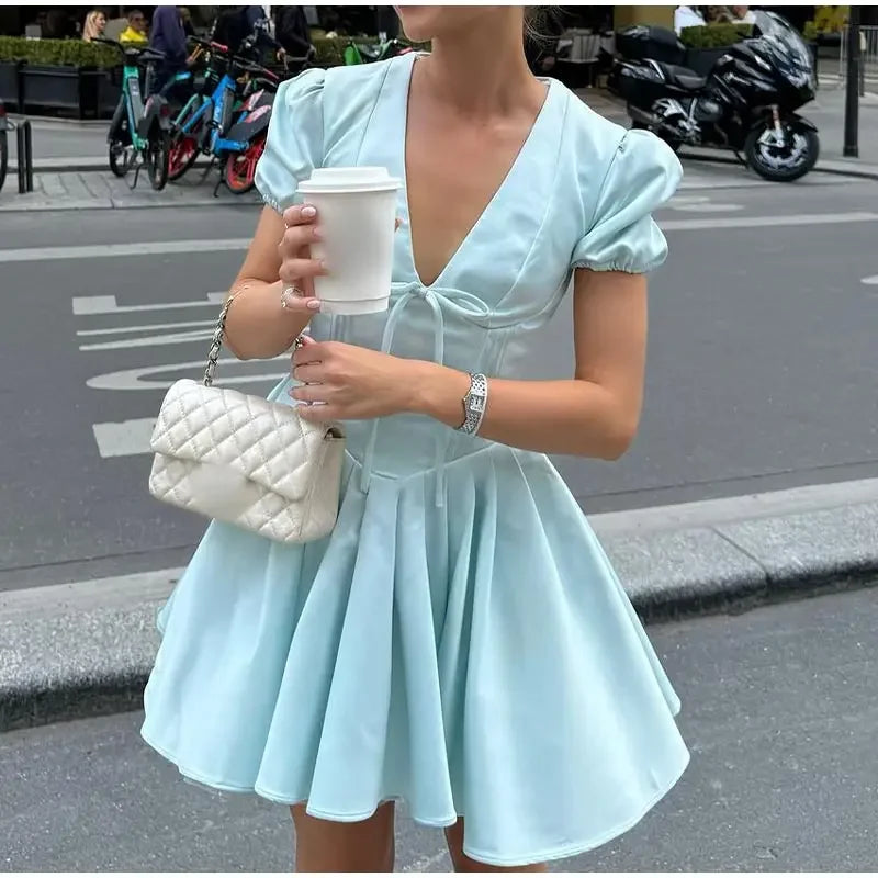 Women Elegant Satin Solid Lace Up Pleated Hem Dresses Chic V-neck High Waist A-line Mini Dress 2024 New Lady Evening Party Prom