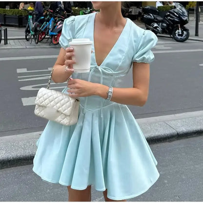 Women Elegant Satin Solid Lace Up Pleated Hem Dresses Chic V-neck High Waist A-line Mini Dress 2024 New Lady Evening Party Prom