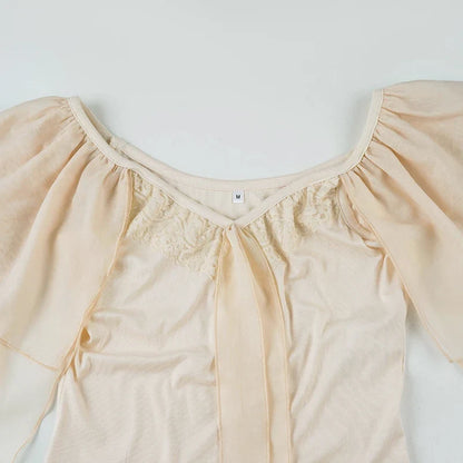 Lace Patchwork Tie-up Bow V-neck Top Summer Tiered Flying Sleeve T-shirt Coquette Aesthetic Slimming Clothing Women