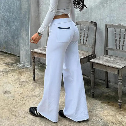 Contrasting Patchwork Pockets Flare Pants Women's Clothes New Low Rise Loose Fit Casual Trousers For Female Streetwear