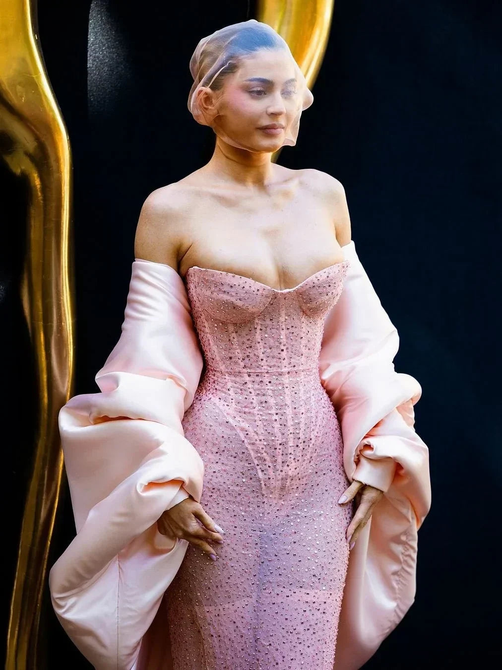 Strapless Sequin Beaded Corset Column Gown with Bubble Satin Wrap