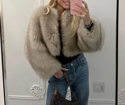 Fashion Faux Fur Jacket Coat Women Streetwear Warm Fluffy Solid Loose Long Sleeve V Neck Female Cardigan Winter Outwear