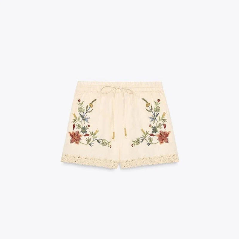 Bead Flower Embroidery Tank Top Shorts Suits 2 Pieces Women Backless Strap Sleeveless Vest Wide Leg Shorts Suits Patchwork Sexy