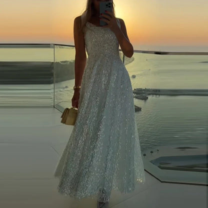 Fashion Temperament Sleeveless Evening Dresses Elegant Party High Waisted Pleated Dress Shiny Sequins Mesh Halter Long Dresses