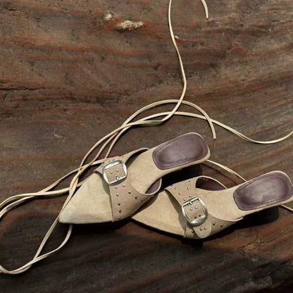 Retro Rivet Women's Pumps and Heels French Pointed Toe Strap Summer Luxury Women's Sandals Fashion Open-toed Wedge Shoe