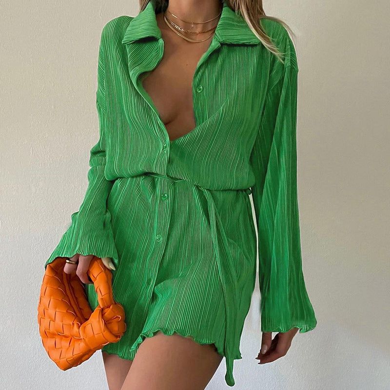 Collared Button Front Tie Waist Plisse Mini Shirt Dress