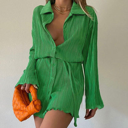 Collared Button Front Tie Waist Plisse Mini Shirt Dress