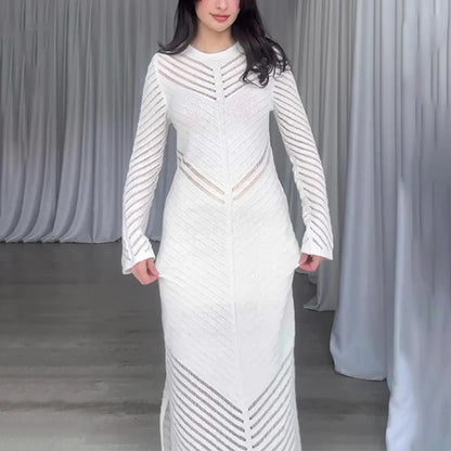 Chevron Mesh Panel Crew Neck Sleeveless Side Slit Knit Maxi Dress