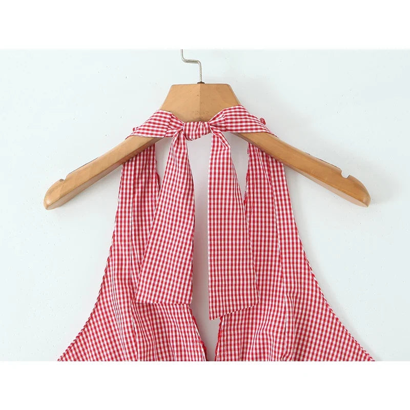Fashionable Short Red Plaid Dress Women Sexy Backless A-line Mini Summer Halter Dress Vacation Robe 2026