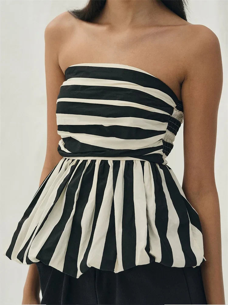 Striped Ruched Cropped Bustier Strapless