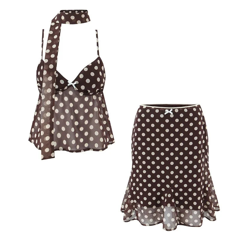 Summer Hot Sale Retro Color Wave Dot Hanging Neck Top and Half Skirt Two Piece Set for Women