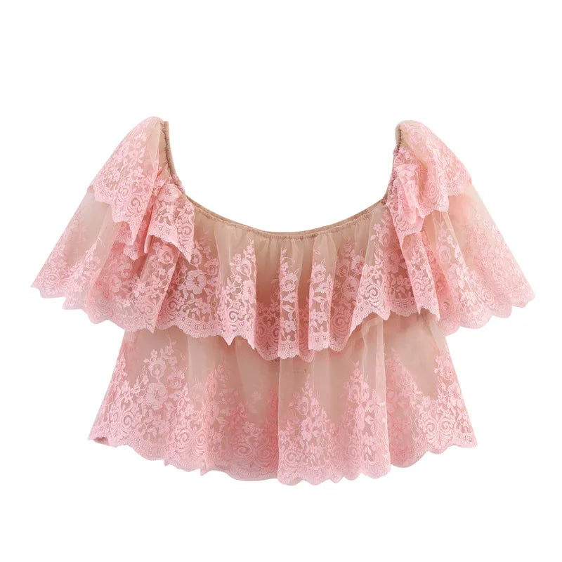 Spring New Top with European and American Sexy Printed Women's Lace Loose Ruffle Edge Stacking Design, niche