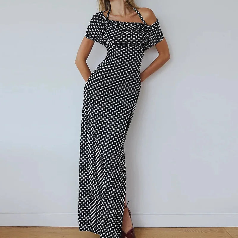Off-Shoulder Fashion High Waist Long Dress For Women Side Split Printed See-Through Short Sleeve Dress Summer Maxi Dress