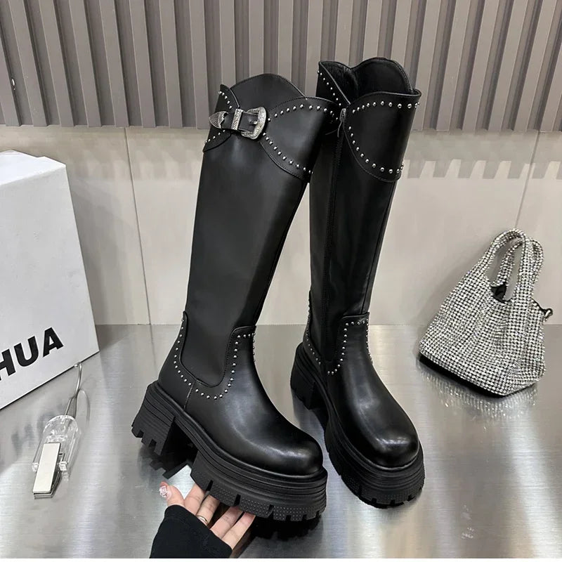 Platform Punk Women's Long Boots Fashion Back Zippers Knee High Botas Ladies Elegant Thick Bottom Shoes Winter Women's Footwear
