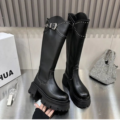 Platform Punk Women's Long Boots Fashion Back Zippers Knee High Botas Ladies Elegant Thick Bottom Shoes Winter Women's Footwear