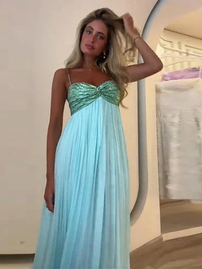 Sexy Pleated Patchwork Sling Long Dress Women Sleeveless Backless A-line Holiday Maxi Dresses 2025 Summer Lady Beach Party Robes