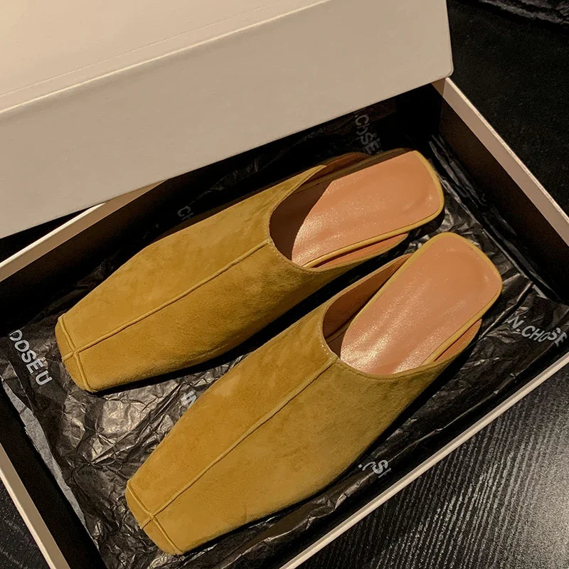 New Genuine Kid Suede Low Heels Slippers Women Covered Toe Natural Leather Casual Slippers Female Daily Walk Slippers