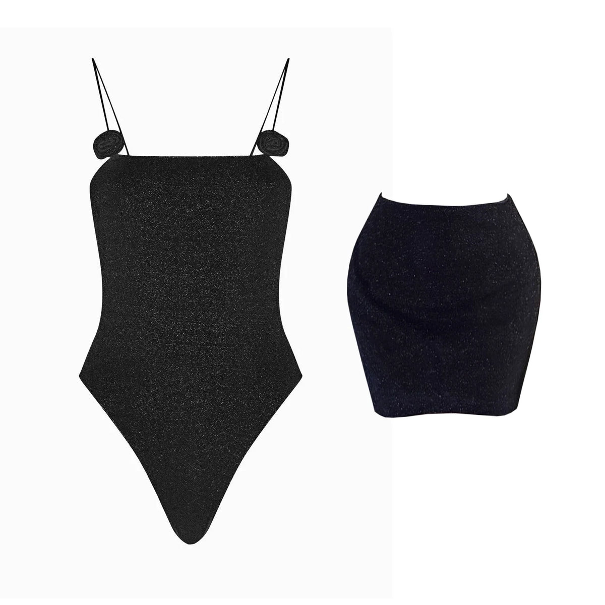 2Pcs Shiny Swimsuit Women Sexy Swimwear With Mini Skirt Flower Bikini Halter Bathingsuit Female Patchwork Bodysuit Beachwear