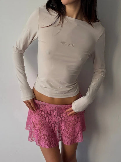 Fashion Sexy See-through Lace Skirts Women Summer Casual Package Hip Pink Skirt Streetwear Y2K Girls Holiday Party Dress