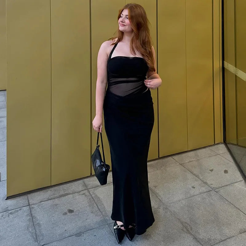 Halter Mesh Ruched Midriff Wrap Panel Bodycon Maxi Gown