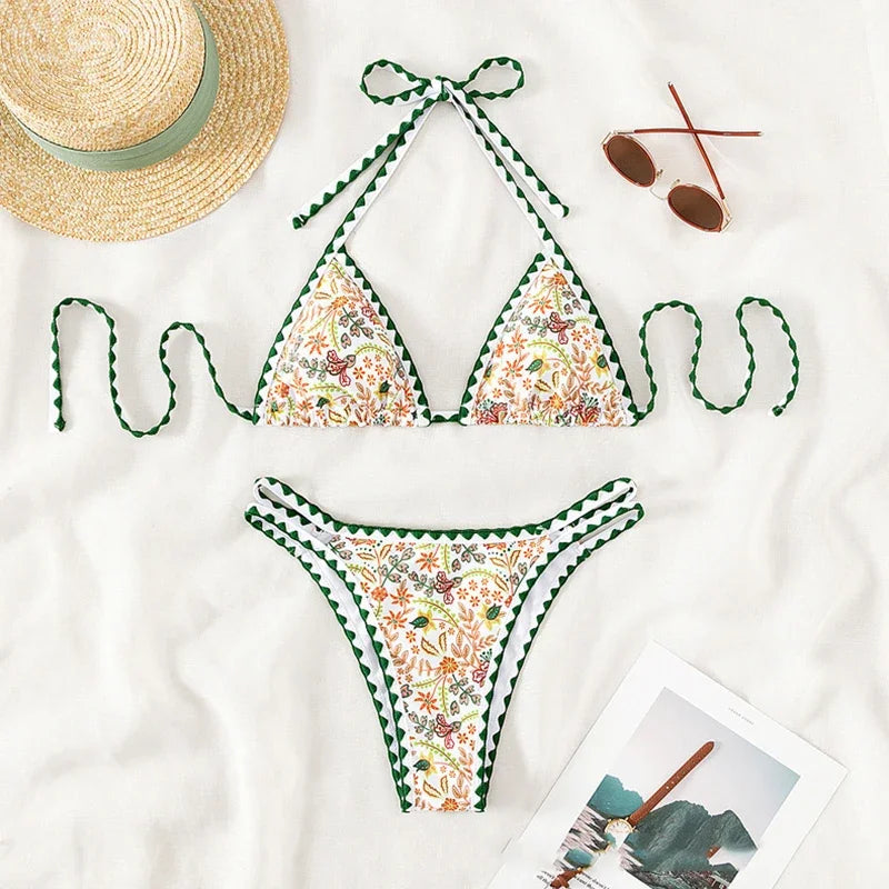 Sexy String Halter Triangle Bikini Floral Print Swimwear Women Micro Thong Swimsuits Bather Bathing Suit Bikini Biquinis Swim