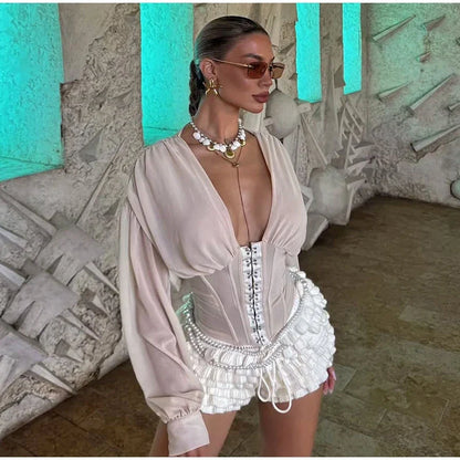 Sexy Women's Fishbone Waist Cinched Top Slim V-neck Long Sleeve Pleated Patchwork Cut Tops Spring Summer Lady Chic Wear