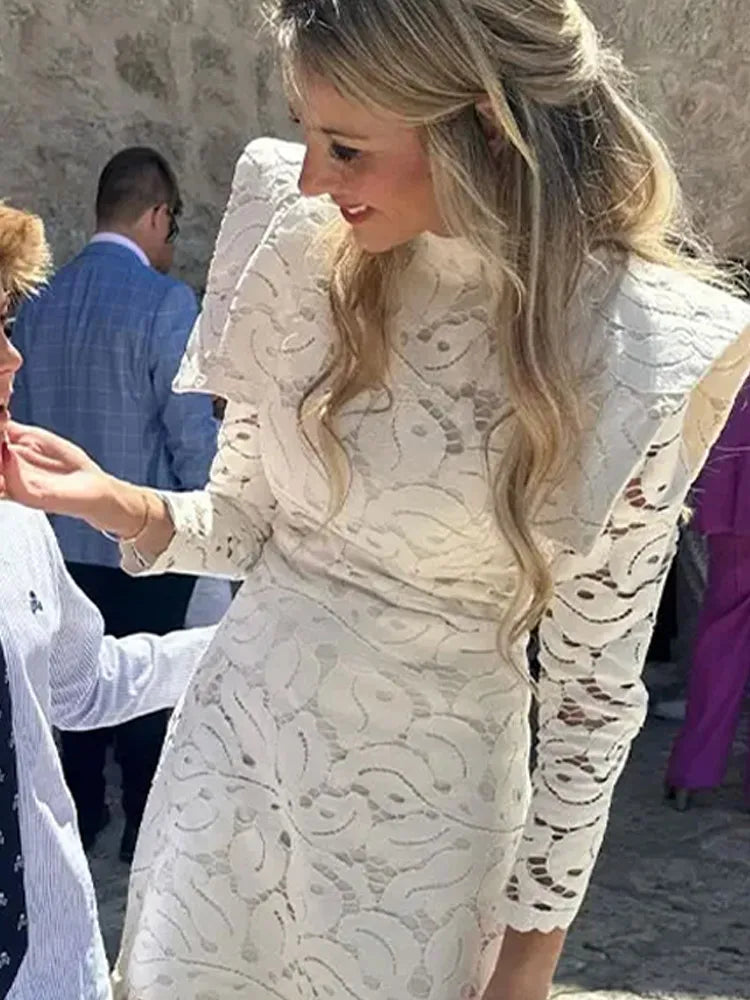 Lace Crochet Long Dress Hollow Out Small Cape Stand Collar Slim Fit Waist Cinched Cloak Beach Dresses Solid Color Elegant Robes