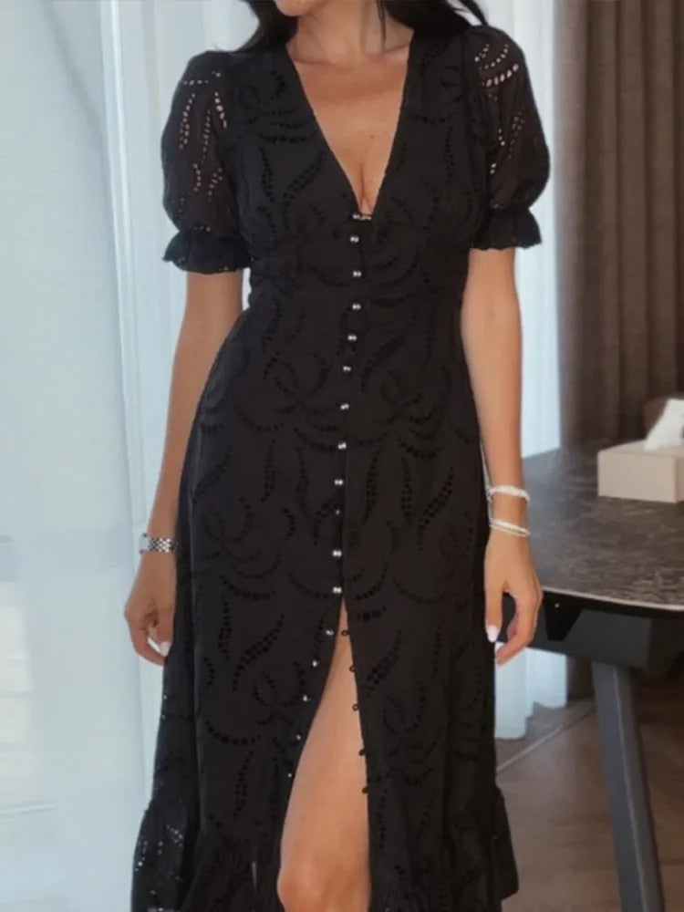 Elegant Sexy Embroidery Long Dress Women V Neck Single Breasted Short Sleeves Vestidos Female 2025 Summer Chic Soft Solid Robe