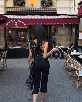 Black Polka Dot Sexy Asymmetric Blouse Women Sheer Mesh One Shoulder Draped Crop Top Women's Date Night Party Club Top