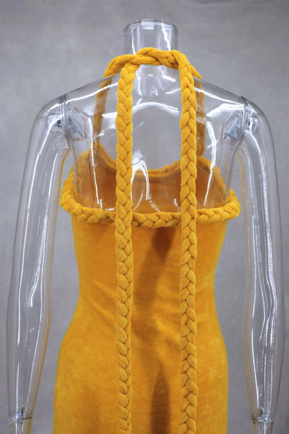 Halter Braided Neck Fringe Hem Boucle Mini Dress