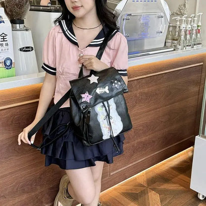 Soft Leather Star Y2K Academy Style Spicy Girl Backpack Fashion Causal PU Black Backpacks