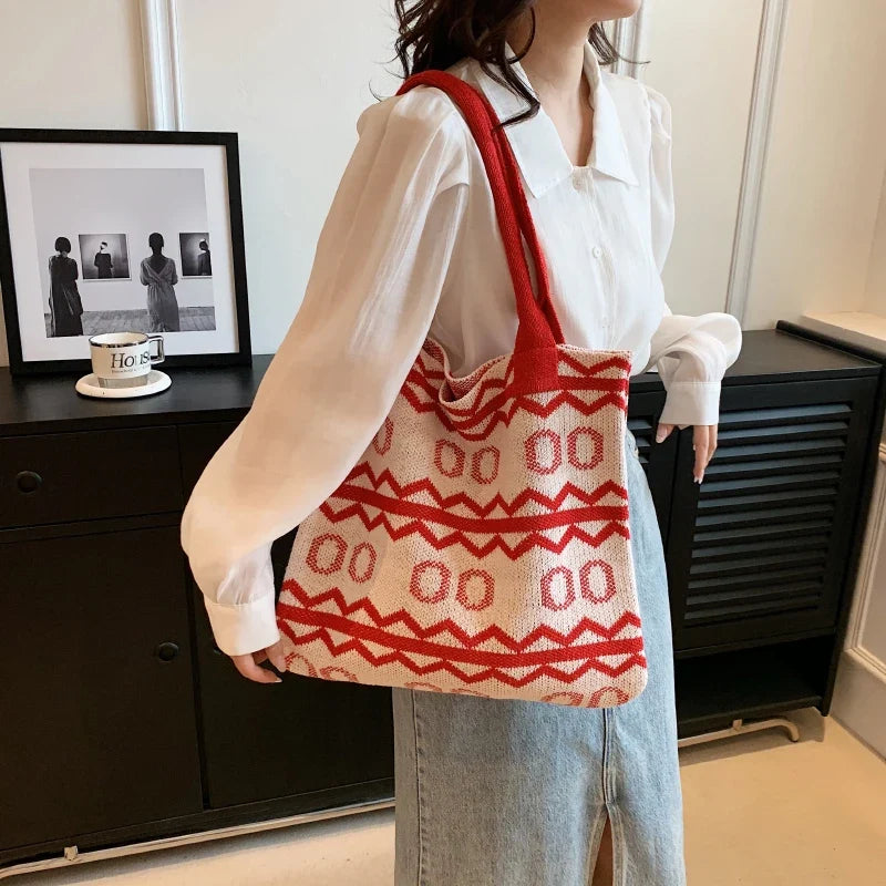 Boho Women Bag Fashion Knitted Handbag Shoulder Bag Japanese Style Woolen Crochet Woven Bag Large Capacity Top Handle Tote Bag