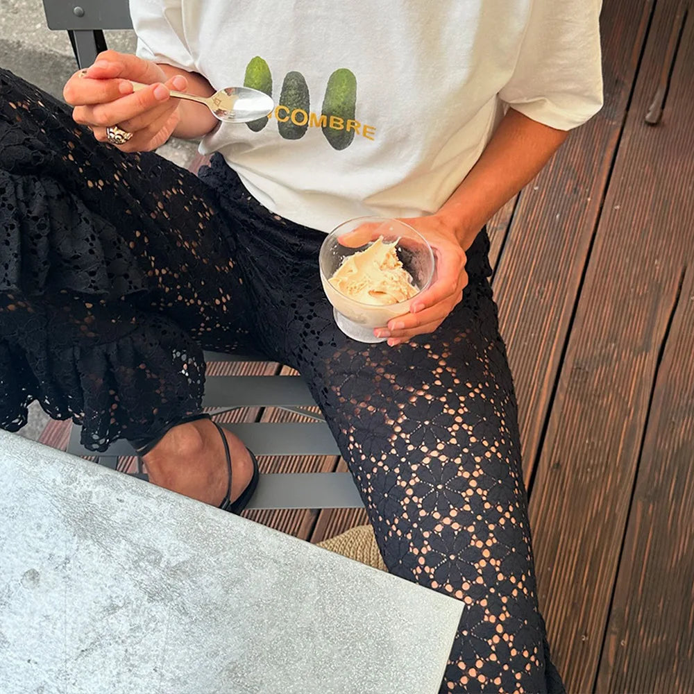 autumn and winter fashion sexy lace see-through trousers new style spliced ruffled versatile straight pants
