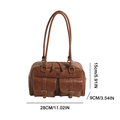 Fashion PU Leather Boston Shoulder Bag Large Capacity with Multi-Pockets Underarm Bag Solid Clutch Purse Girl