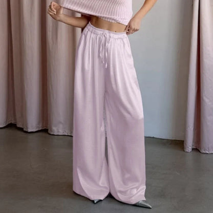 Women's Fashion Satin Pants Solid Vintage Lace Up Patchwork Loose Trouser Summer Elegant Casual Commute Female Trousers